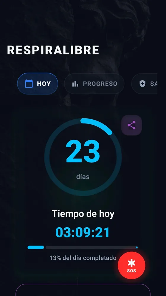 App para dejar de fumar gratis RespiraLibre - Visualización del estado de salud actual y limpieza de pulmones